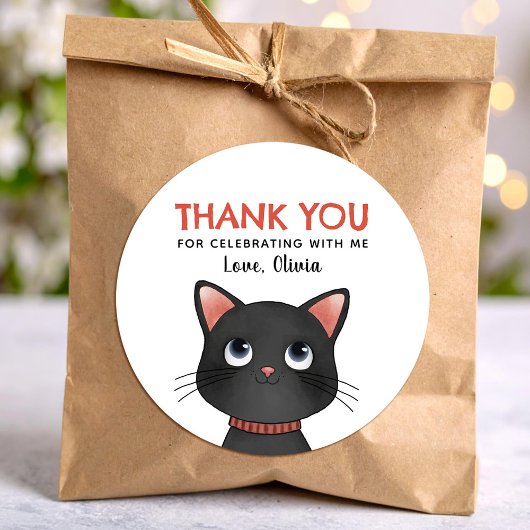 Sticker Rond Petit chaton noir merci