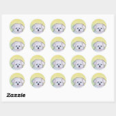 Sticker Rond Petit chien blanc dessin mignon chiot maltais (Feuille)