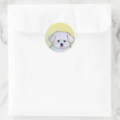 Sticker Rond Petit chien blanc dessin mignon chiot maltais (Sac)