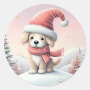 Sticker Rond Petit chiot de Noël en chapeau santa