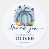 Sticker Rond Petit Citrouille Baby shower bleu  Merci (Devant)