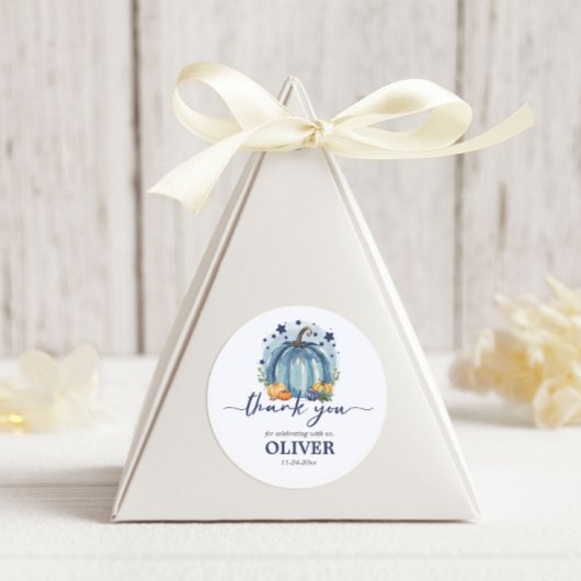 Sticker Rond Petit Citrouille Baby shower bleu  Merci