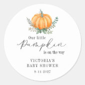 Sticker Rond Petit Citrouille en route Baby shower (Devant)