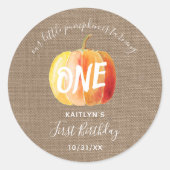 Sticker Rond Petit Citrouille Rustique Burlap 1er anniversaire (Devant)