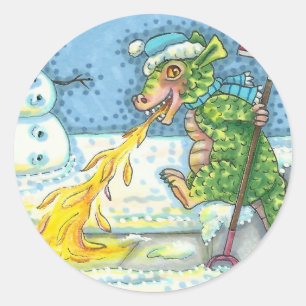 STICKER ROND PETIT DRAGON MELTING & SHOVELING NEIGE, FUNNY CUTE
