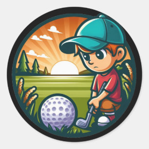 Sticker Rond petit garçon essayant de frapper le ballon de golf