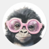 Sticker Rond Petit Gorilla avec chevalet de verres roses (Devant)