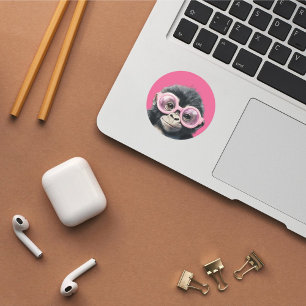 Sticker Rond Petit Gorilla avec chevalet de verres roses