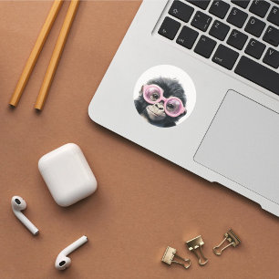 Sticker Rond Petit Gorilla avec chevalet de verres roses