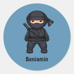 Sticker Rond Petit guerrier ninja sur fond bleu
