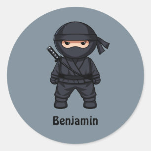 Sticker Rond Petit guerrier ninja sur gris