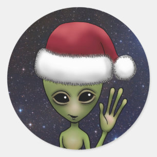 Sticker Rond Petit Homme Vert Alien Espace Noël