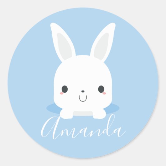 Sticker Rond Petit lapin bleu mignon avec nom personnalisé (Devant)