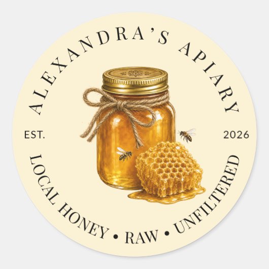 Sticker Rond Petit logo de pot de miel cru d'apiculture pour en (Devant)