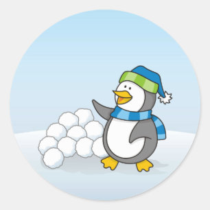 Sticker Rond Petit manchot avec boules de neige agitant