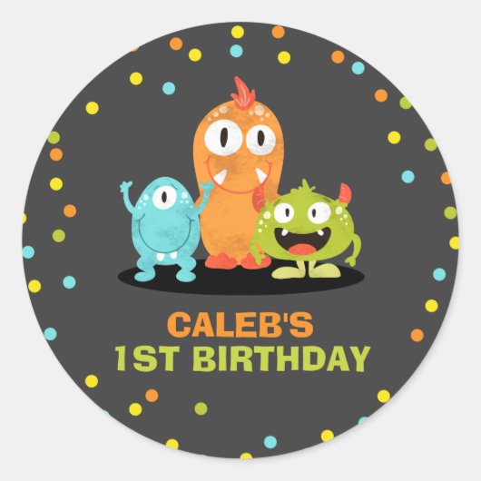 Sticker Rond Petit Monstre Topper Enveloppe Sceau Garçon Annive (Devant)