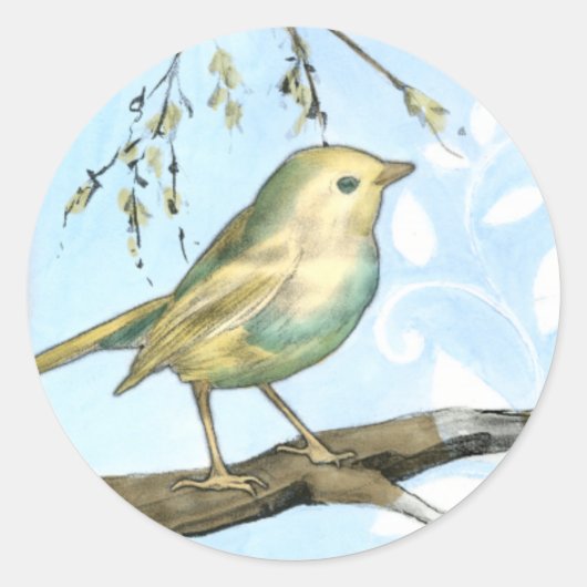 Sticker Rond Petit oiseau jaune perché sur une branche Recherch (Devant)