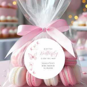 Sticker Rond Petit Papillon Fille Rose Aquarelle Baby Shower 
