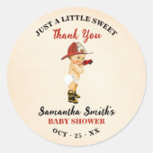 Sticker Rond Petit pompier Baby shower rouge Merci (Devant)