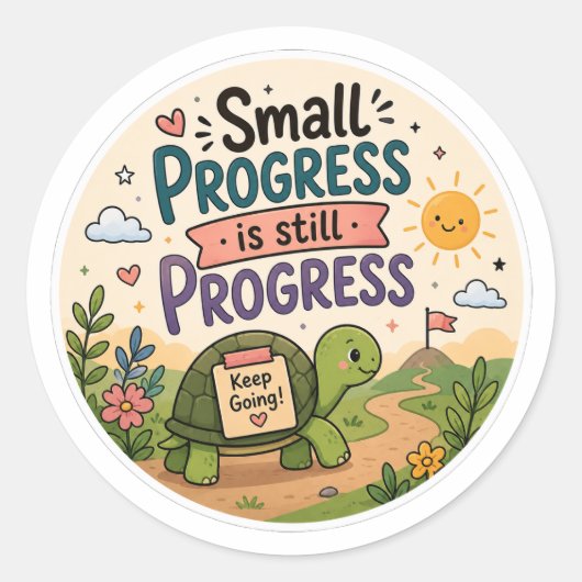 Sticker Rond Petit progrès est toujours progrès Mignonne Tortue (Devant)