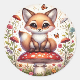 Sticker Rond Petit Renard de Fée assis sur un champignon avec u