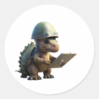 Sticker Rond Petit soldat dinosaure portant un casque et un hol