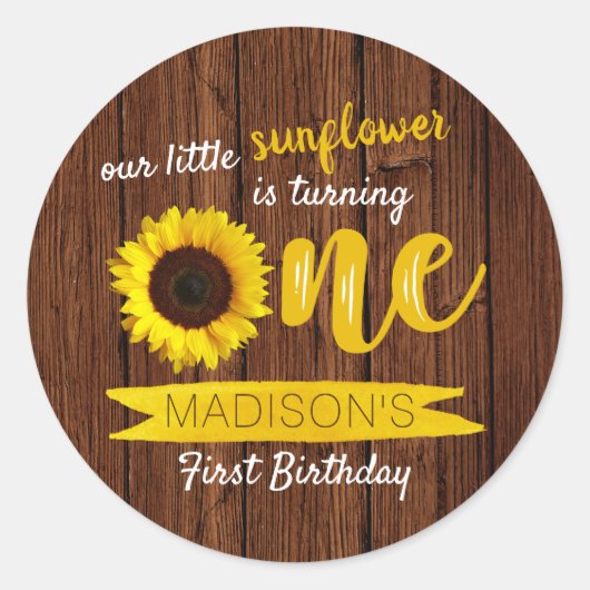 Sticker Rond Petit tournesol Bois rustique 1er anniversaire (Devant)