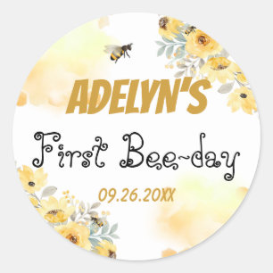 Sticker Rond Petite Aquarelle Florale de Miel Abeille 1er Anniv
