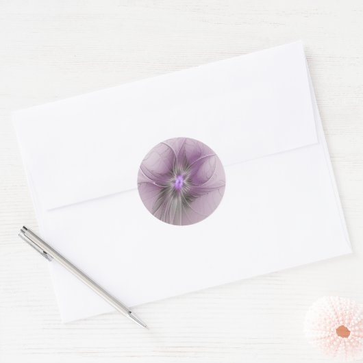 Sticker Rond Petite Beauté Moderne Mauve Grey Fractal Art Flowe (Enveloppe)
