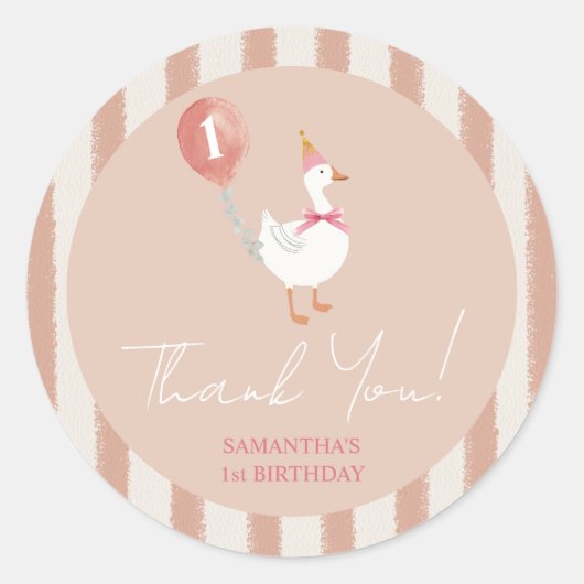 Sticker Rond Petite bête rose oie Merci d'anniversaire (Devant)