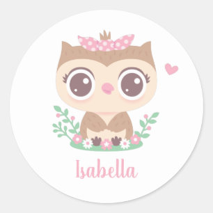 Sticker Rond Petite Chouette mignonne avec cabot rose