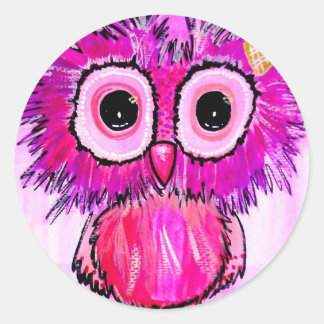 Sticker Rond Petite chouette rose fille aquarelle oiseau peintu