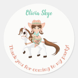 Sticker Rond Petite Cowgirl sur son cheval pour l'anniversaire