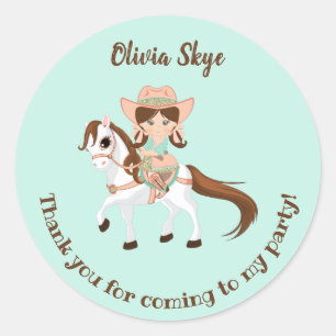 Sticker Rond Petite Cowgirl sur son Cheval pour l'anniversaire