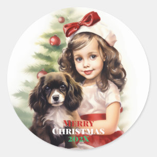 Sticker Rond Petite fille avec chevalet de Noël