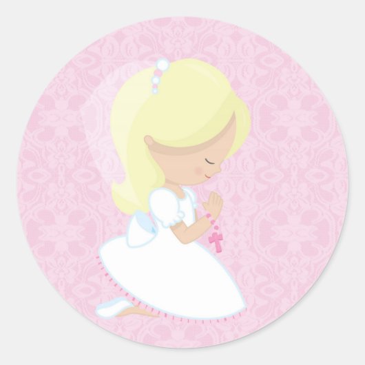 Sticker Rond Petite fille blonde, rose, première communion (Devant)