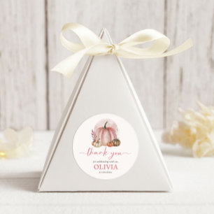 Sticker Rond Petite fille Citrouille Baby shower rose Merci