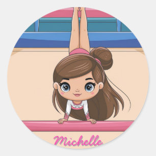 Sticker Rond Petite fille de gymnaste personnalisée, I Love Gym