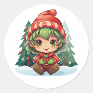 Sticker Rond Petite fille Elf Xmas Magie