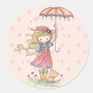 Sticker Rond Petite Fille Fantaisiste et Chat sous la Pluie