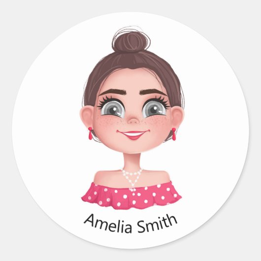 Sticker Rond petite fille mignonne aux grands yeux (Devant)