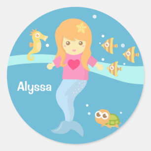 Sticker Rond Petite fille mignonne de sirène sous la mer