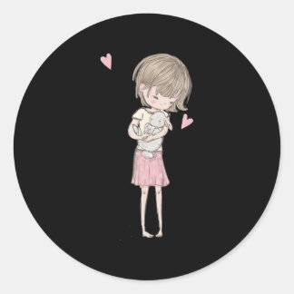 Sticker Rond Petite fille mignonne et lapin Coeurs roses