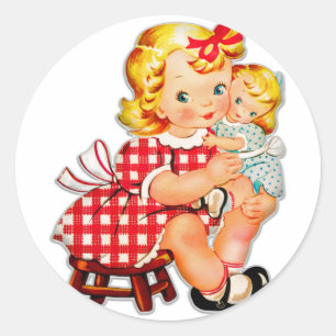 Sticker Rond Petite fille retro vintage poupée