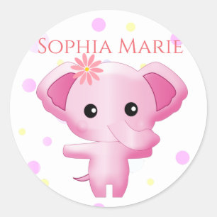 Sticker Rond Petite fille rose adorable Eléphant