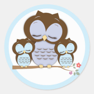 Sticker Rond Petite maman et Chevêches jumelles dans une branch
