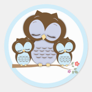 Sticker Rond Petite maman et Chevêches jumelles dans une branch