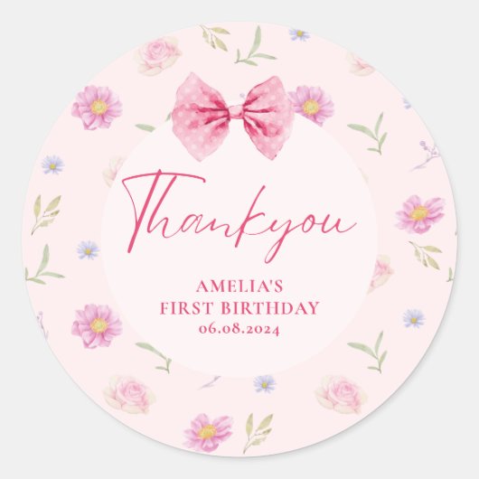 Sticker Rond Petite miss fleurie Pink Bow Onederful 1er anniver (Devant)