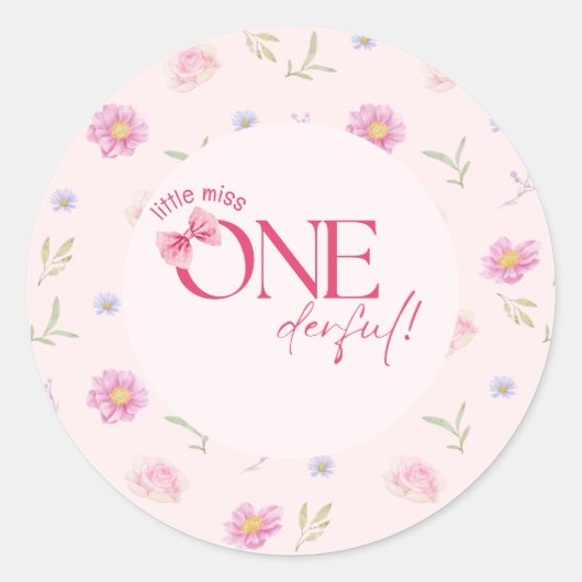 Sticker Rond Petite miss fleurie Pink Bow Onederful 1er anniver (Devant)