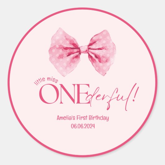 Sticker Rond Petite miss fleurie Pink Bow Onederful 1er anniver (Devant)